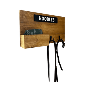 Handmade wooden dog station with storage compartment